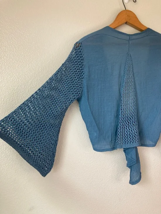 Elan Crochet Bell Sleeve Tie front gauze top Boho Vacation Beachy crop sz S - Picture 4 of 7